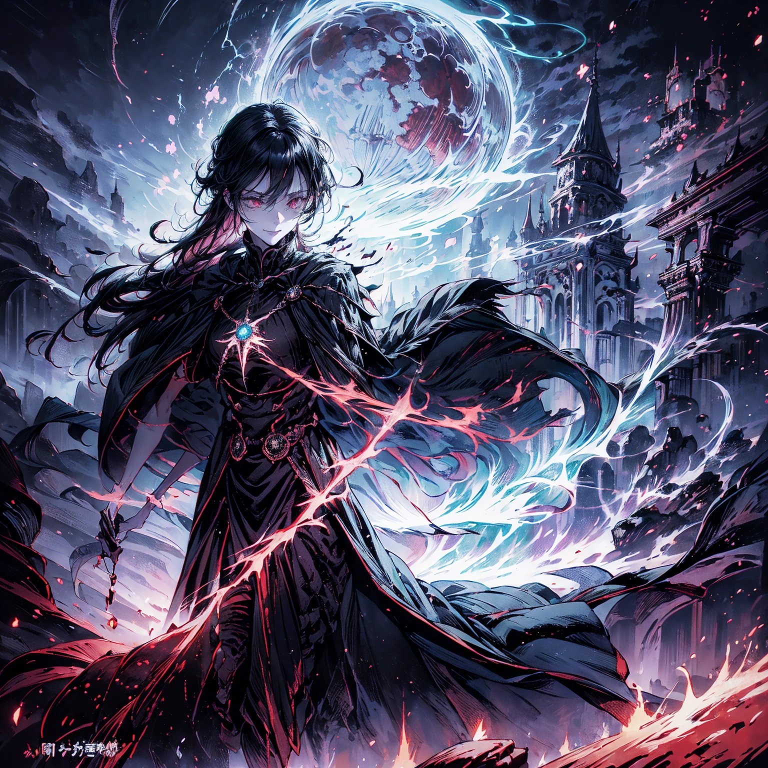 Black Hair动漫人物, Detailed cover design, Anime epic artwork, detailed key anime art, Be focused, dark fantasy artwork, Anime Fantasy Artwork, Official artwork with high detail, Dark Witch Panorama, Lich Vecna (d&d), (whole body:1.5), (Wide-angle lens:1.2), best quality, 4K, high resolution, (masterpiece:1.2), Very detailed, (current:1.37), (Anatomically correct:1.2), Mood lighting, Undead girl in a long cloak, Black Hair, 除了头仍然是美丽的人脸之外whole body都是骷髅骨头, Wearing a tattered gothic skirt, A sense of alienation, Dangerous sneer, Smiling and crying, Facing the camera, Pitch black sky, Blood red moon, strange atmosphere, Gothic style, Unforgettable beauty, Dramatic shadows, Ethereal Light, Mysterious atmosphere, Resurrection from the grave, The Black Magic, Dead, Dark Force (StarWar), Force lightning radiates from fingertips.