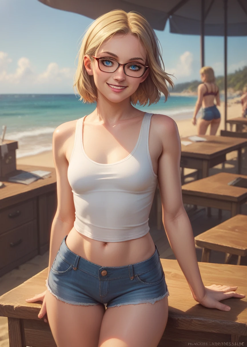 1girl, cassie_drake, short hair, blonde hair, blue eyes, glasses, small breasts, tank top, bra straps, denim shorts, short shorts, wide hips, smile, solo focus, cowboy shot, dynamic pose, desk, beach, shore, lighting, shadows, blurry background, source_realistic, (score_9, core_8_up, score_7_up, score_6_up)