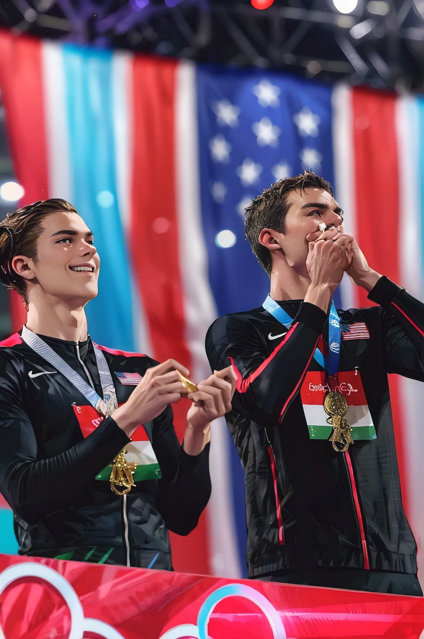 Un grupo de atletas olímpicos masculinos en un podio recibiendo el oro., medallas de plata y bronce, muy detallado, Fotorrealista, 8K, Híper realista, ceremonia de premiación, Ganadores, Deportes, competencia, Audiencia, estadio, multitud gritando, iluminación dramática, composición cinematográfica, heroico, Emocional, glorioso