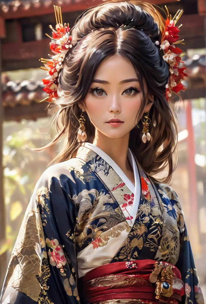 stunningly beautiful female  A Thai-Japanese woman is wearing a traditional kimono with an ancient pattern, captured in a full-body shot from a low angle. Her hair is styled in a traditional Japanese manner, adorned with pearls , by Carne Griffiths, shiny skin, glossy skin, apocalyptic landscape, 
intricate details, (ultra-realistic:1.05), (high saturation:1.05), (high contrast:1.05), 35mm raw photo, 
embedding:Style-EMCG.pt, nsfw, full-body-shot