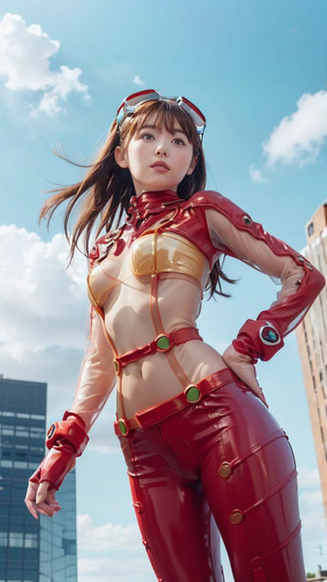 (((Realistic))) photograph, masterpiece, NSFW、Highest quality, One Girl, Standing with legs apart on the roof of a skyscraper、Martial arts poses、Backlight、Cinematic lighting、Tight waist, Highest quality, Pale skin, ((Soryu Asuka Langley, Plugsuit 00:1.3、Red Headgear、Transparent Vinyl素材、Red suit、Transparent Vinyl:1.4、The skin is transparent)), Summer sky、Blue sky background, (Detailed face and eyes:1.1),A faint smile、Embarrassing、blush, ((shy)), (Very delicate and beautiful girl、Big breasts G cup:1.3), Dynamic pose,Pointing at the viewer、 (to8contrastスタイル),Cowboy Shot:1.2、Thighs、Reddish brown hair、Hair dancing in the wind:1.2、((Photographed from below the front:1.4))、