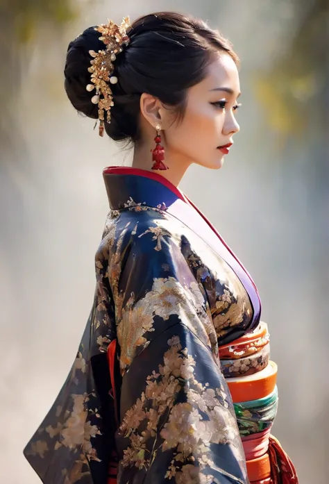 stunningly beautiful female  a thai-japanese woman is wearing a traditional kimono with an ancient pattern, captured in a full-b...