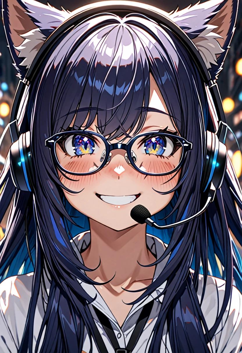 8K Ultra High-Quality, ultra-detailed, High quality, 8K Ultra High-Quality, very detailed eyes, ultra-detailed, High quality, Dark Blue hair, Long hair, Headset, cat girl, Glasses, happy face, close up, huge scar on the face