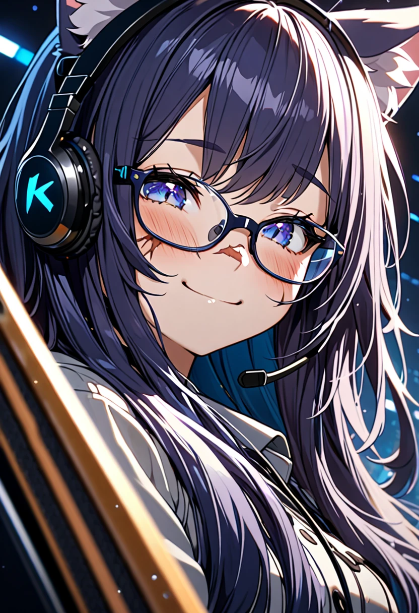 8K Ultra High-Quality, ultra-detailed, High quality, 8K Ultra High-Quality, very detailed eyes, ultra-detailed, High quality, Dark Blue hair, Long hair, Headset, cat girl, Glasses, smiling face, closed eyes, close up, huge scar on the face