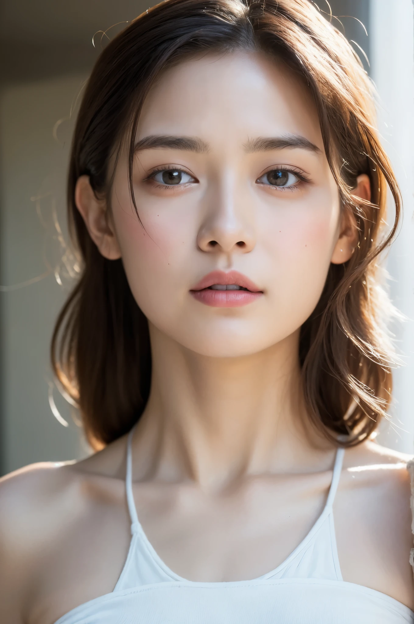 ((Highest quality, 8k, masterpiece :1.3)), One girl, Very fine skin、Dynamic Lighting、Close-up of face、Beautiful woman with slim abdominal muscles :1.3, (Random Hairstyles, Huge breasts :1.2), Casual clothing :1.2 Highly Detailed Faces, Fine grain, double eyelid、Japanese women