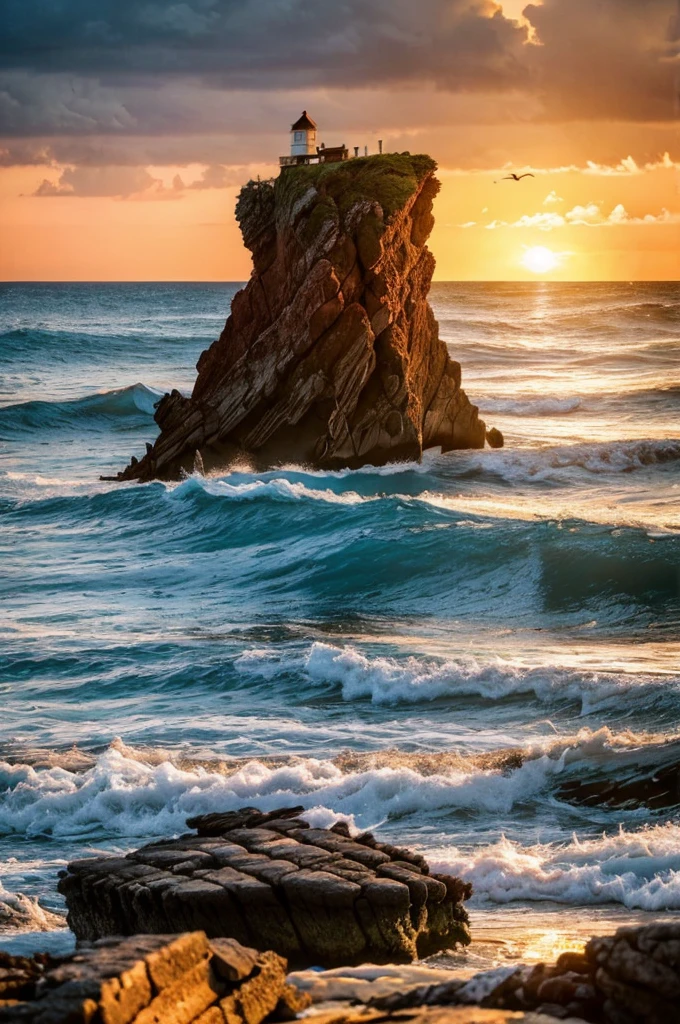 detailed seaside landscape, scenic ocean view, dramatic waves crashing on rocks, beautiful sunset sky with warm colors, sandy beach with driftwood, silhouettes of seagulls flying, cinematic lighting, vibrant colors, photorealistic, 8k, best quality
