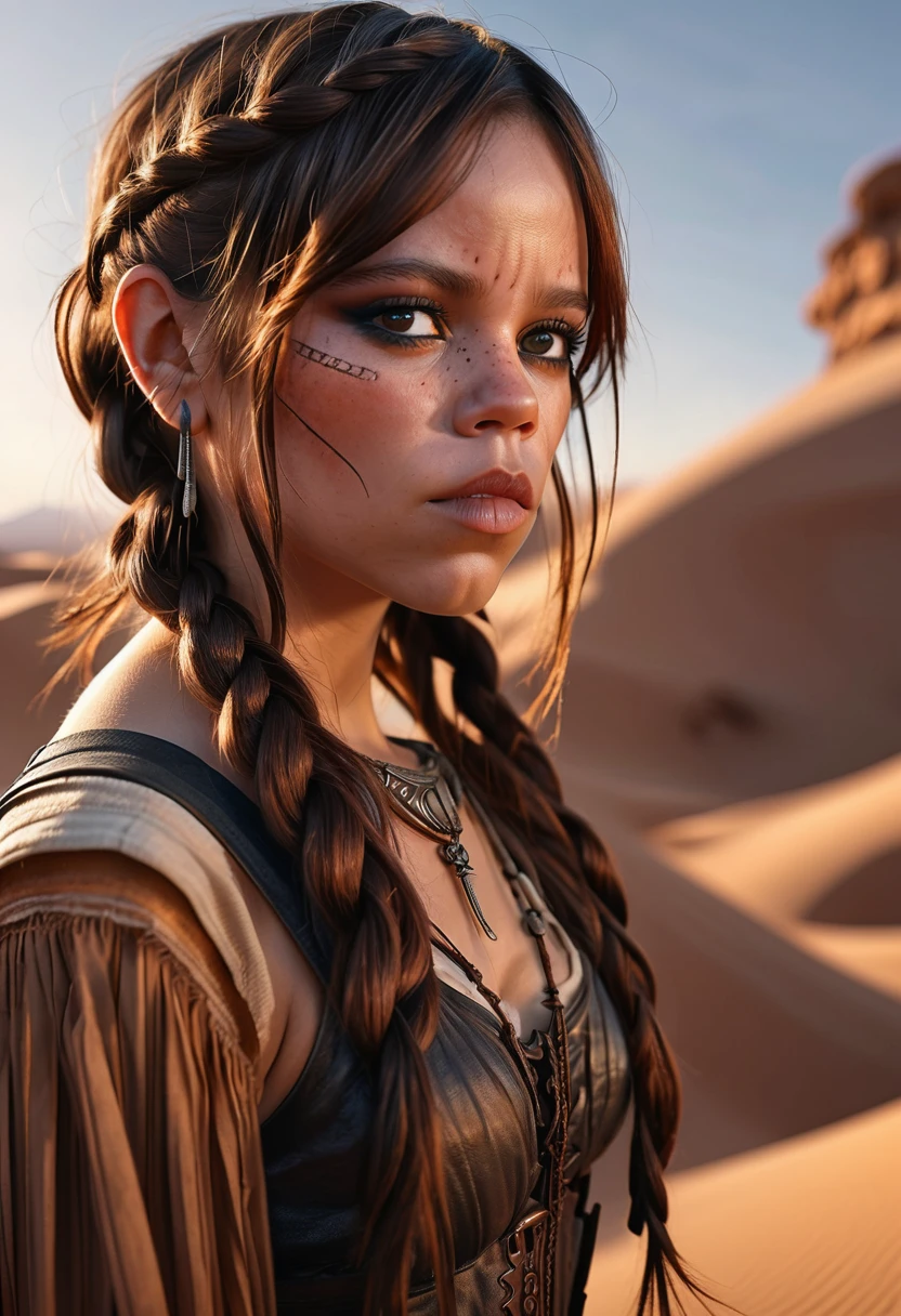 photo of JennaOrtega, Sahara Desert, (extremely detailed CG unity 8k wallpaper), Intricate, High Detail, Sharp focus, dramatic, photorealistic painting, (twin braids), ((movie premiere gala)), (looking down at viewer), (detailed pupils:1.2), dimly lit,  