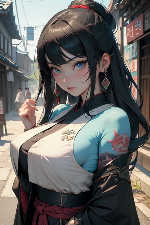 ((masterpiece, best quality, perfect eyes, perfect face, perfect anatomy, perfect lighting , ((fatal frame)),((street fighter)), ((feudal Korean village)), ((Busty Bitches)), 1girl(1 teen))) ecchi chibi girl(g string, cute face,  exotic black&green priestess robes, bracelets, tattoo of Korean characters, colourful jewellery, dark magic), (Night street in Asian village, mystical evil)