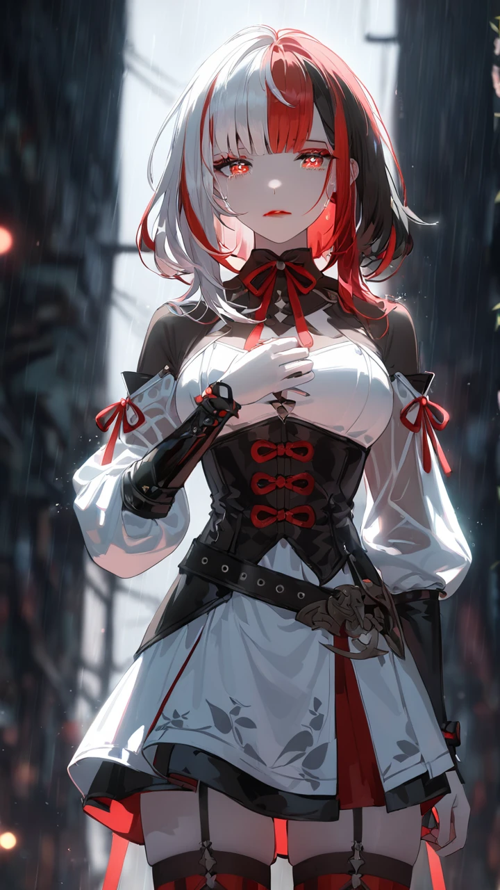 1girl, red eyes, split-color hair:1.3, medium hair, red lips, black pencil skirt,half close eyes, crying, gather belt, thighhighs, corset, white dress, see-through sleeve, pale skin, dramatic lighting, soft shadow, masterpiece, best quality, safe, SFW, very aesthetic, recent, absurdres, highres, lighting, glowing, rain 