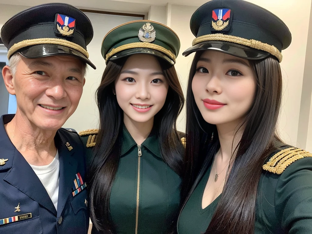 (A cute and beautiful Korean female soldier poses for a commemorative photo with her friendly elderly and male soldiers.:1.3)(Grinning expression:1.2)(20-year-old:1.3)(Huge , There is cleavage in the chest:1.2),(Sweating profusely)(Huge boobs)(Elegant, shiny, long black hair:1.2))(8k, RAW Photos, Highest quality, masterpiece: 1.2),High-resolution RAW color photos, Professional photos, Very detailed and beautiful,(she&#39;She&#39;s very skinny but has big breasts:1.4), Small face:1.Perfect anatomical figure、(Huge breasts that make your clothes burst: 0.9) (Huge胸 :1.4)(Classy makeup,eyeliner/eye shadow,lipstick,Fair skin,Beautiful Skin)(Full body photo:1.1)(Shiny Hair:12)(lipstick:1.1)(uniform:1.2)(Sexy Korean Woman:1.2)(sister:1.1))(Women&#39;s Army Group Photo:1.3)(All beautiful girls:1.2)Military facilities,