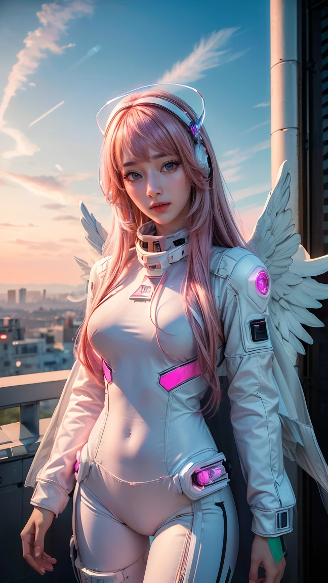 ((masterpiece, best quality, extremely detailed), volumetric lighting, ambient occlusion, colorful, glowing), 1girl, solo, young girl, (pink hair), long hair, halo, aura, sacred, godness, cyber suit, (white outfit:1.3), android, bot, angel wings, outdoors, sunset, sky, clouds, space, (cyberpunk theme:1.2),