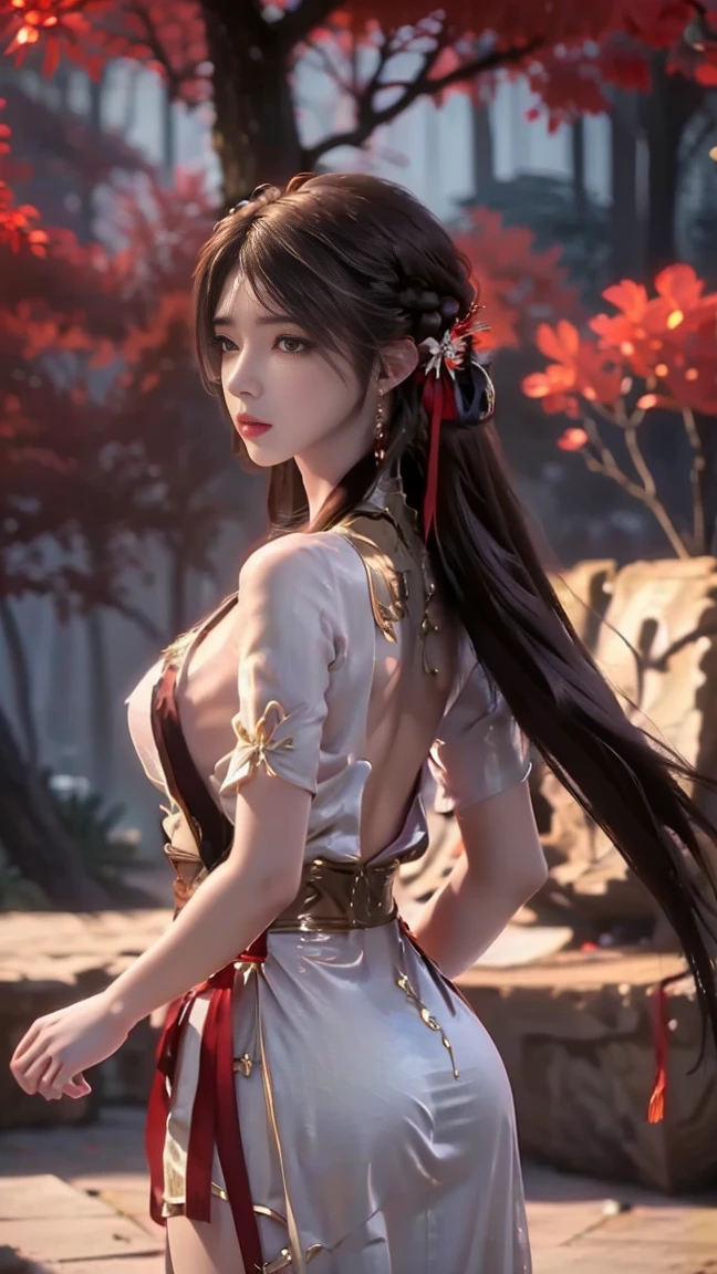 1girl,looking back over shoulder,parted bangs, long hair, hair strand, shiny hair, hair ribbon, head wreath, longeyelashes, parted lips, light brown hair, depth of field, cinematic lighting, from below, panorama, UHD, masterpiece, textured skin,Dress, backless, new Chinese style, red and white, silk