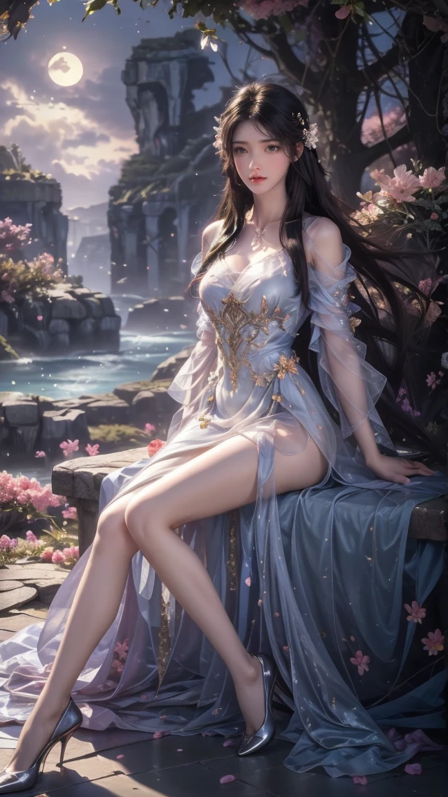 1girl, girl with long black hair, smiling, cheerful, the girl wearing white long dress, girl is lie down among a wide expanse of flowers,girl posing gracefully , surrounded by beautiful flowers, Calm and peaceful atmosphere, night, moonlight , Beautiful glowing butterflies surround the girl lighting up the darkness of the night, magic,Romantic, the night breeze blows the Sepoi Sepoi girl's hair, 