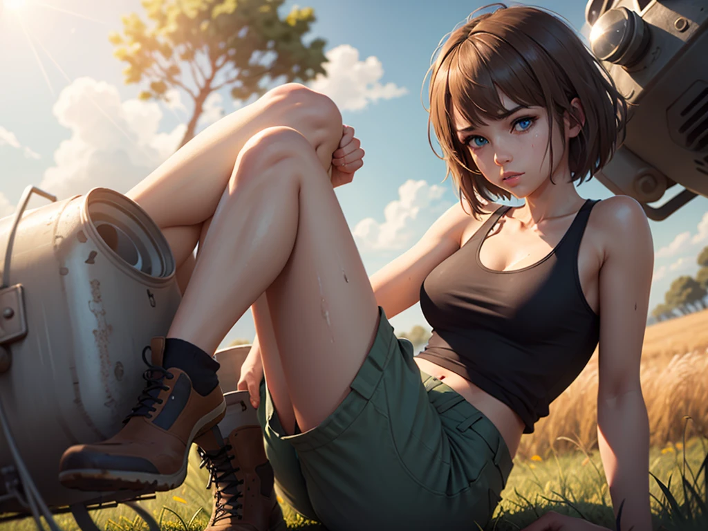 masterpiece, highest quality, (solo focus), (perfect face:1.1), (high detail:1.1), 1girl, repairing machine, brown hair, blue eyes, white tank top, baggy green pants, wrench, holding wrench, crouching, crouching on tank, army tank, ((grease stains)), sweaty, glistening skin, detailed background, field of tall grass, sun, lens flare, cinematic lighting
