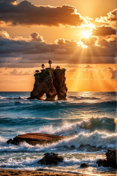 detailed seaside landscape, scenic ocean view, dramatic waves crashing on rocks, beautiful sunset sky with warm colors, sandy be...