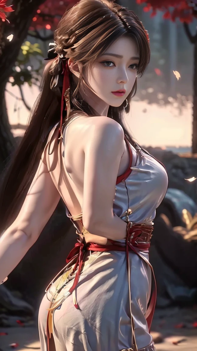 1girl,looking back over shoulder,parted bangs, long hair, hair strand, shiny hair, hair ribbon, head wreath, longeyelashes, parted lips, light brown hair, depth of field, cinematic lighting, from below, panorama, UHD, masterpiece, textured skin,Dress, backless, new Chinese style, red and white, silk