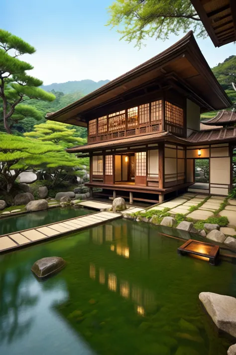 Visualize a traditional Japanese inn perched at the edge of a mystical lake, surrounded by dense, verdant mountains. The structu...