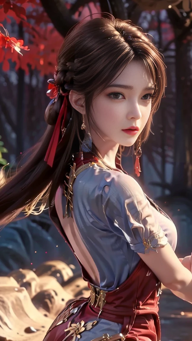 1girl,looking back over shoulder,parted bangs, long hair, hair strand, shiny hair, hair ribbon, head wreath, longeyelashes, parted lips, light brown hair, depth of field, cinematic lighting, from below, panorama, UHD, masterpiece, textured skin,Dress, backless, new Chinese style, red and white, silk