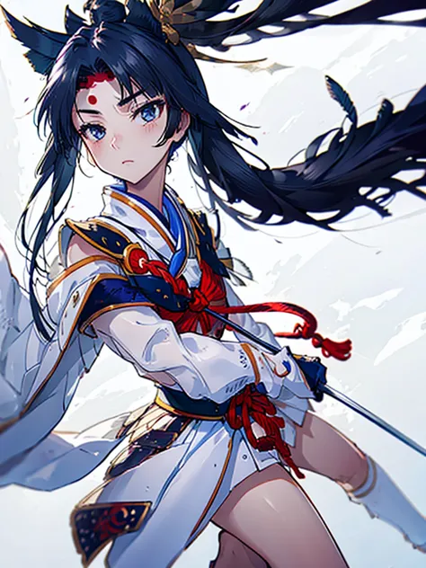 One girl, ushiwakamaru \(fate\), ushiwaka, flogged, white background, simple coloring ,hokusai, masterpiece, super high quality,...