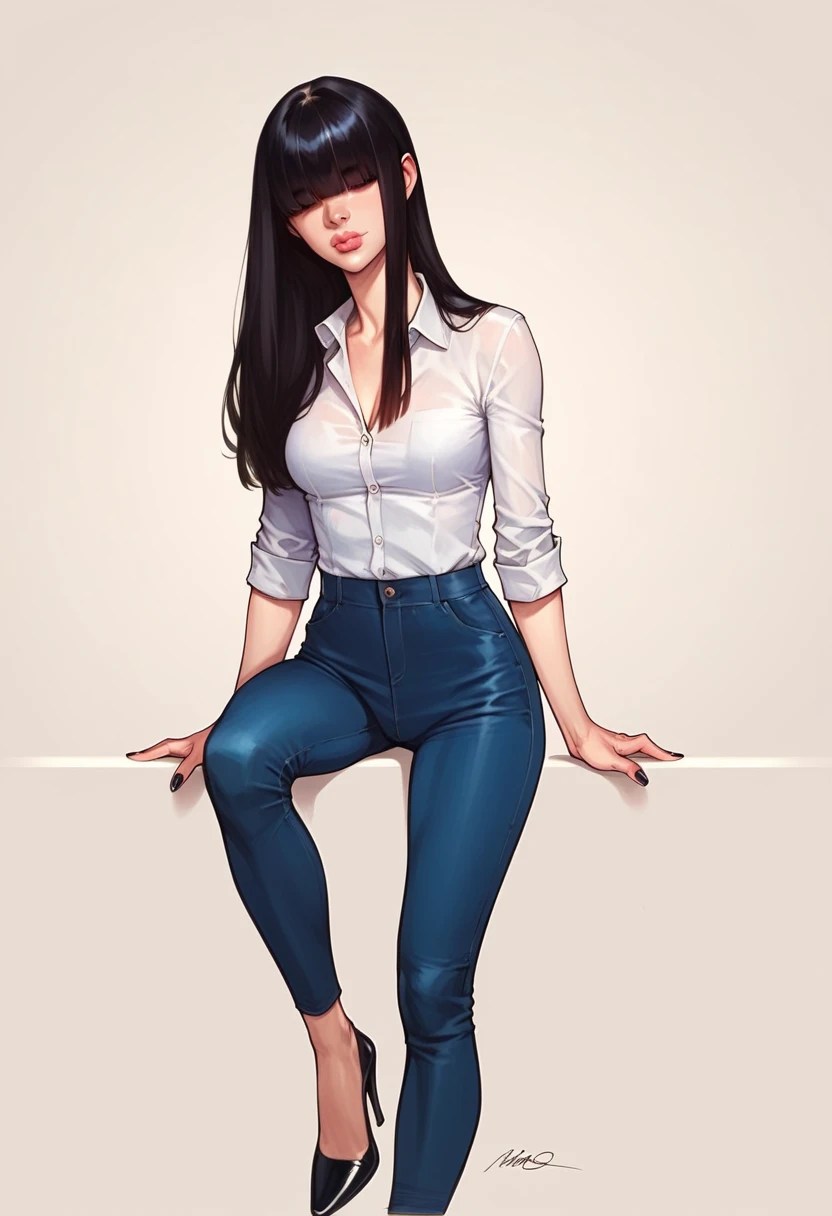 score_9, score_8_up, score_7_up, score_6_up, detailed art of a woman, pale, smooth skin, hair over both eyes, long straight black hair, blunt bangs, full lips, slender physique, white office shirt, blue pants, black heels, centered
