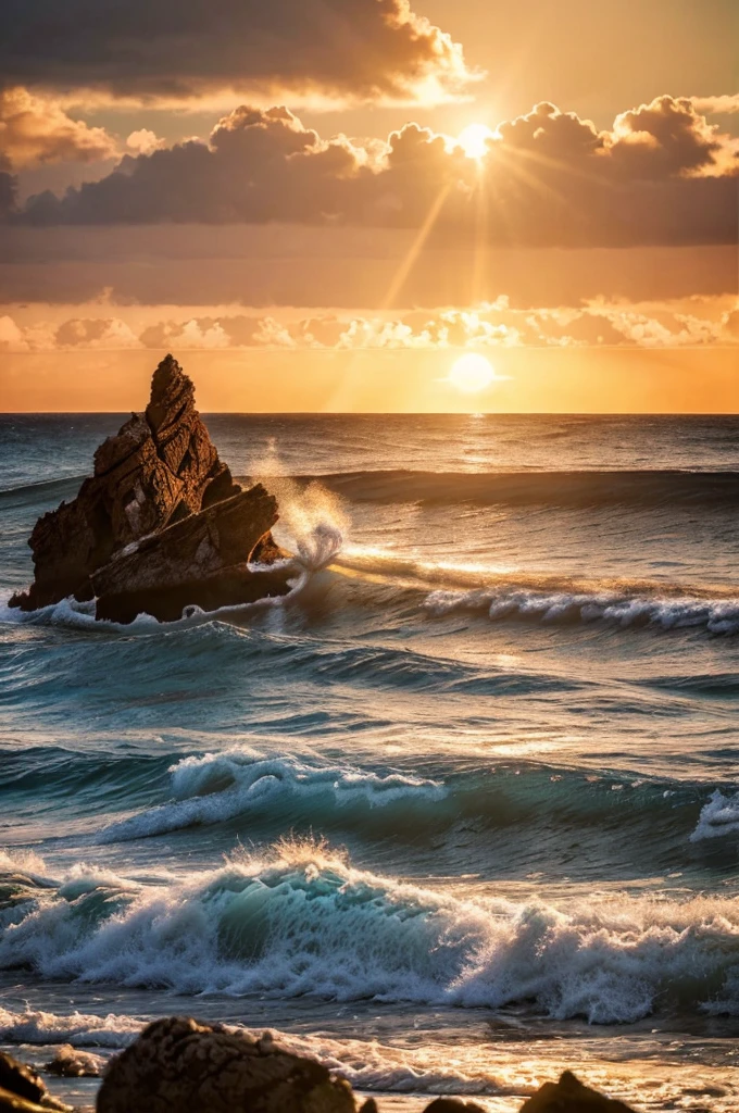 detailed seaside landscape, scenic ocean view, dramatic waves crashing on rocks, beautiful sunset sky with warm colors, sandy beach with driftwood, silhouettes of seagulls flying, cinematic lighting, vibrant colors, photorealistic, 8k, best quality
