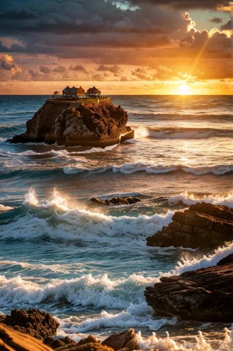 detailed seaside landscape, scenic ocean view, dramatic waves crashing on rocks, beautiful sunset sky with warm colors, sandy be...