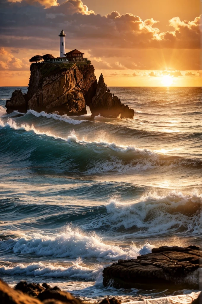 detailed seaside landscape, scenic ocean view, dramatic waves crashing on rocks, beautiful sunset sky with warm colors, sandy beach with driftwood, silhouettes of seagulls flying, cinematic lighting, vibrant colors, photorealistic, 8k, best quality
