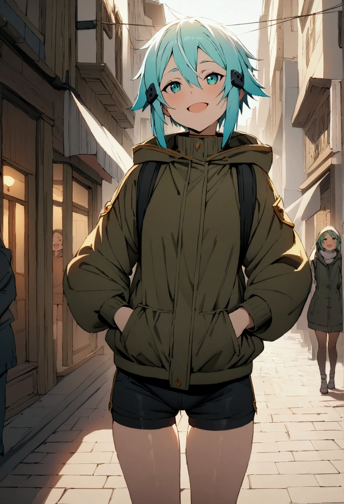 NSFW,masterpiece,Highest quality,High resolution,Very detailed,Sinon\(Sword Art Online\),Hooded parka,Shorts,Happy face,bustling street