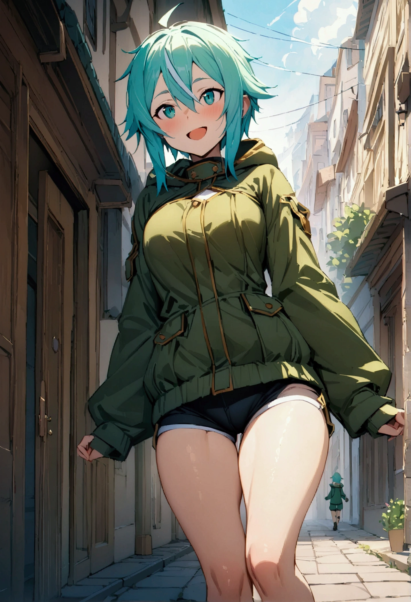 NSFW,masterpiece,Highest quality,High resolution,Very detailed,Sinon\(Sword Art Online\),Hooded parka,Shorts,Happy face,bustling street