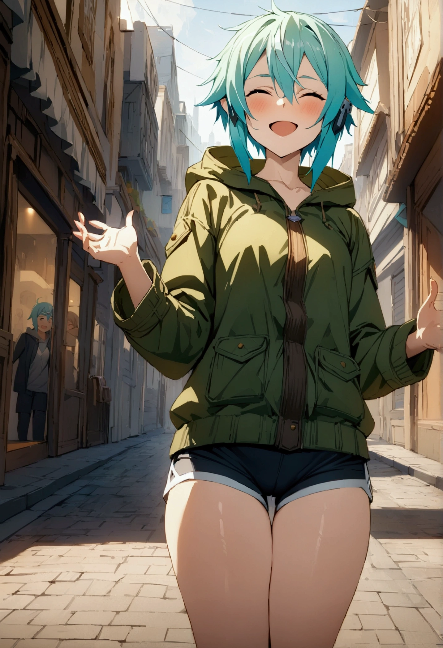 NSFW,masterpiece,Highest quality,High resolution,Very detailed,Sinon\(Sword Art Online\),Hooded parka,Shorts,Happy face,bustling street