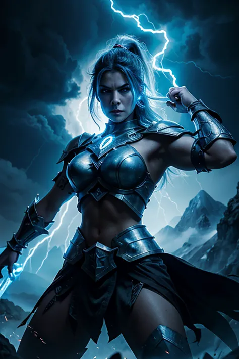 angry, evil, beautiful and muscular nordic female storm giant with blue black hair in a ponytail, older and mature woman, throwi...