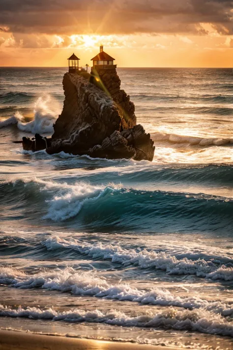 detailed seaside landscape, scenic ocean view, dramatic waves crashing on rocks, beautiful sunset sky with warm colors, sandy be...