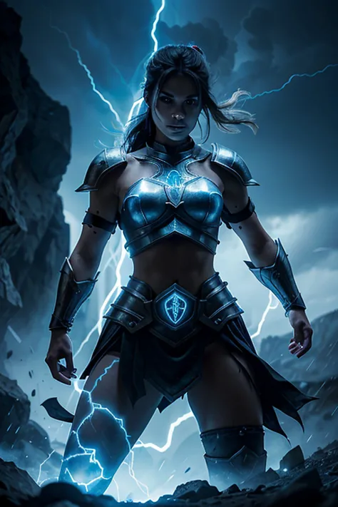 evil, beautiful and muscular nordic female storm giant with blue black hair in a ponytail, older and mature woman, throwing a li...