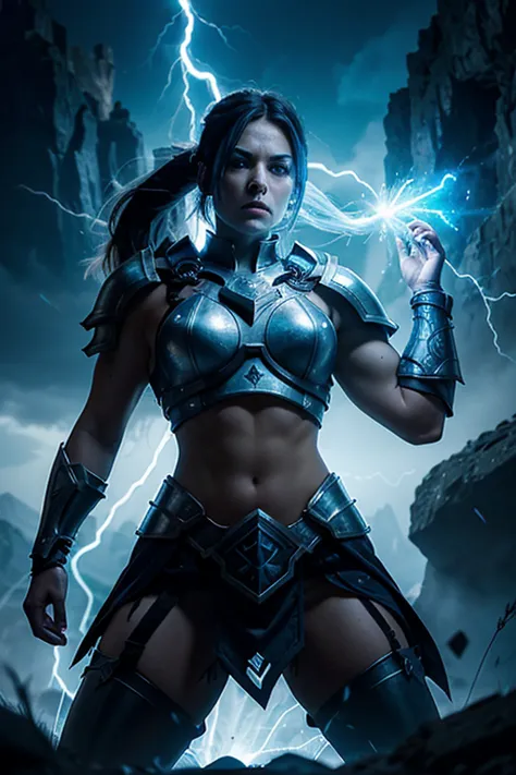 evil, beautiful and muscular nordic female storm giant with blue black hair in a ponytail, older and mature woman, throwing a li...