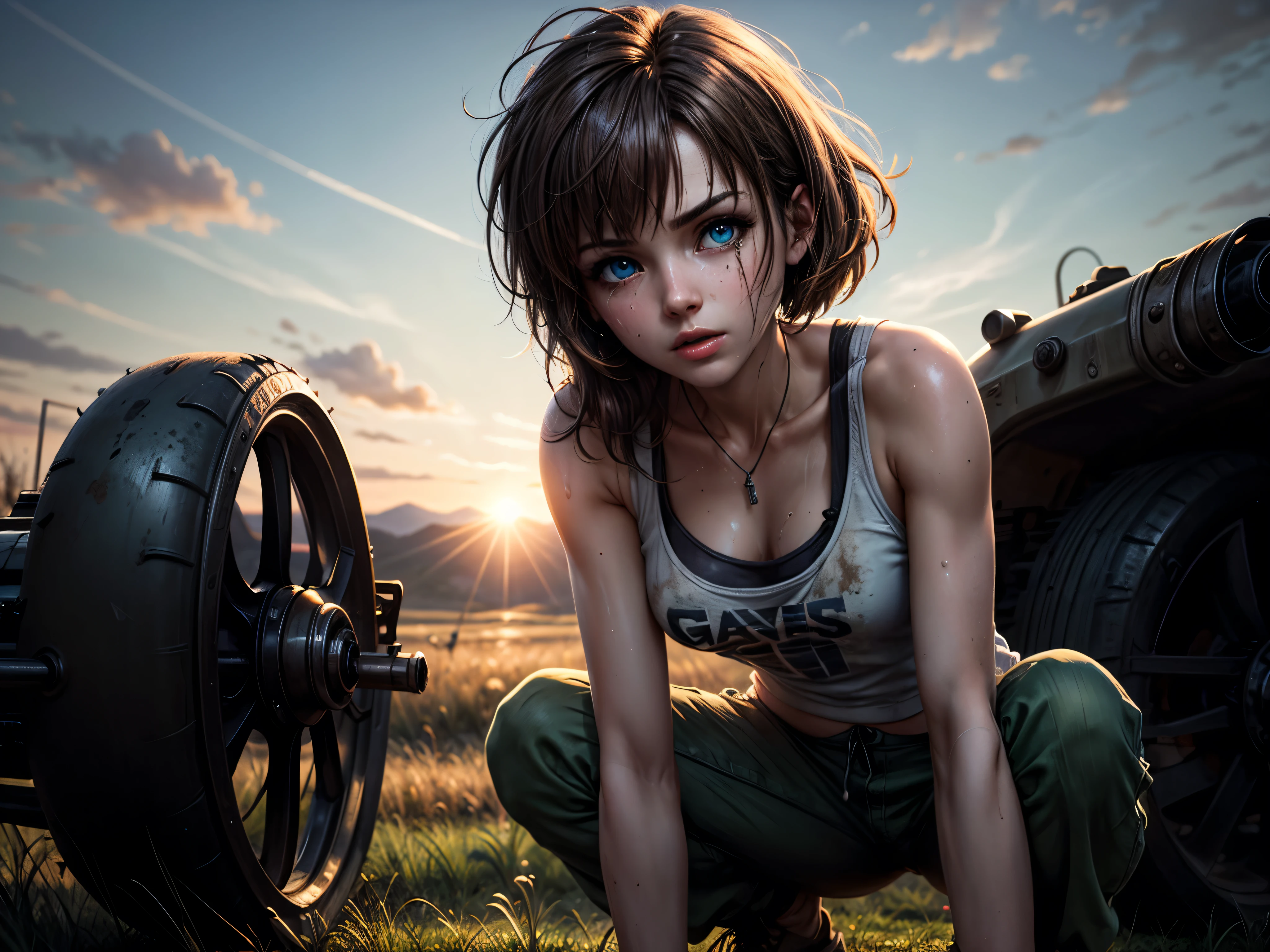 masterpiece, highest quality, (solo focus), (perfect face:1.1), (high detail:1.1), 1girl, repairing machine, brown hair, shoulder-length hair, blue eyes, white tank top, baggy green pants, wrench, holding wrench, crouching, crouching on tank, army tank, ((grease stains)), sweaty, glistening skin, detailed background, field of tall grass, sun, lens flare, cinematic lighting
