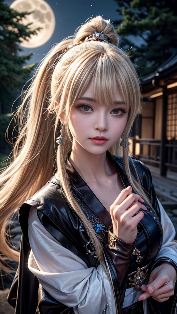 HD32K, 8K, absurdres, detailed photorealistic image, realistic skin texture, sharp focus on face, intricately detailed face, BREAK portrait of japanese female mage, hkmagic, 26 years old, make-up, mascara, blonde hair with colored streaks, bangs, sidelocks, long flowing ponytail, earrings, hair ornaments, extreme closeup, wearing leather bustier, detached sleeves, holding spellbook, forest at night, moonlight, dynamic lighting