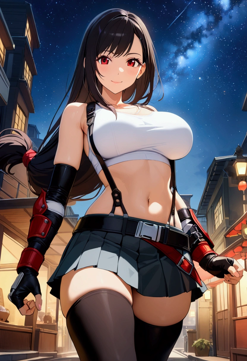 score_9,score_8_up,score_7_up,BREAK source_anime, masterpiece, best quality, (recent), perfect anatomy, very aesthetic,photorealistic,　mediumshot,Solo,1girl, tifa lockhart, final fantasy,black hair, low-tied long hair, red eyes, bangs, (white tank top,gap),(High exposure)，the ribs,,(belt, pleated skirt, thighhighs, elbow fingerless gloves, elbow pads, midriff, navel,suspenders.skirt),beautiful waist ,(large_breast:1.3),light smile,fist,,,outdoor,star sky,night, walking,skin tight, looking at viewer, depth of field、beautifully lit,great lighting　　