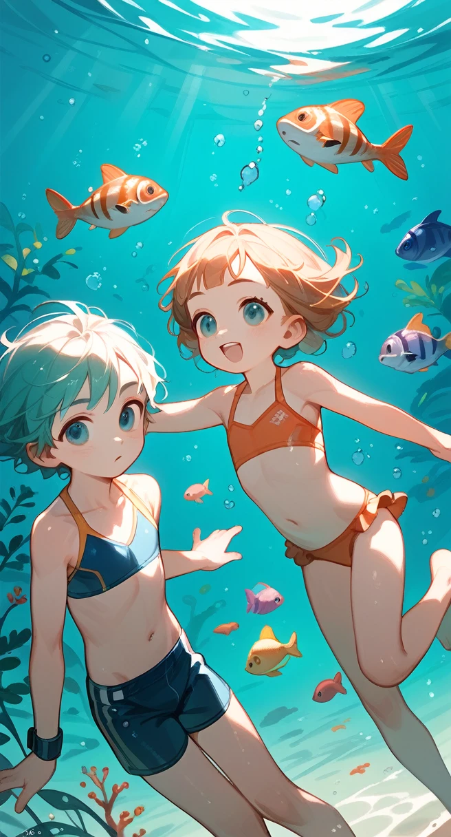 Top quality, animation, boys and girls doing scuba diving (8-year-old childhood friends), boys in fundofincloths, girls in cute swimsuits, mysterious saltwater fish and deep-sea fish swim in the sea，Theme: Children swimming with fish！