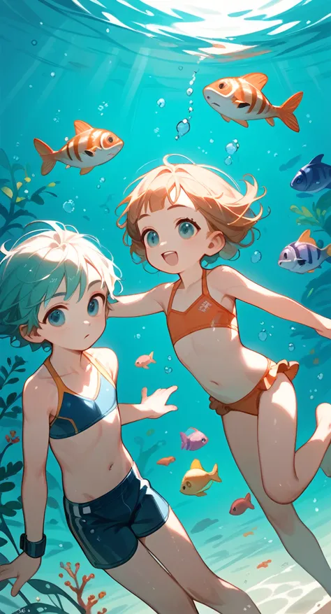 Top quality, animation, boys and girls doing scuba diving (8-year-old childhood friends), boys in fundofincloths, girls in cute ...
