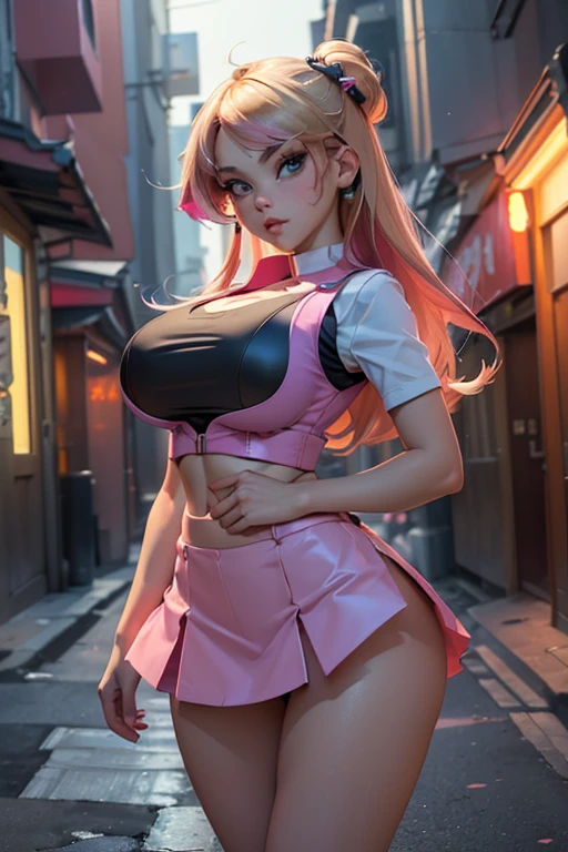  ((masterpiece, best quality, perfect eyes, perfect face, perfect anatomy, perfect lighting  ((Busty Bitches))))    Ecchi chibi Pokemon girl in miniskirt(colourful clothes), (night time alley way in Asian city)