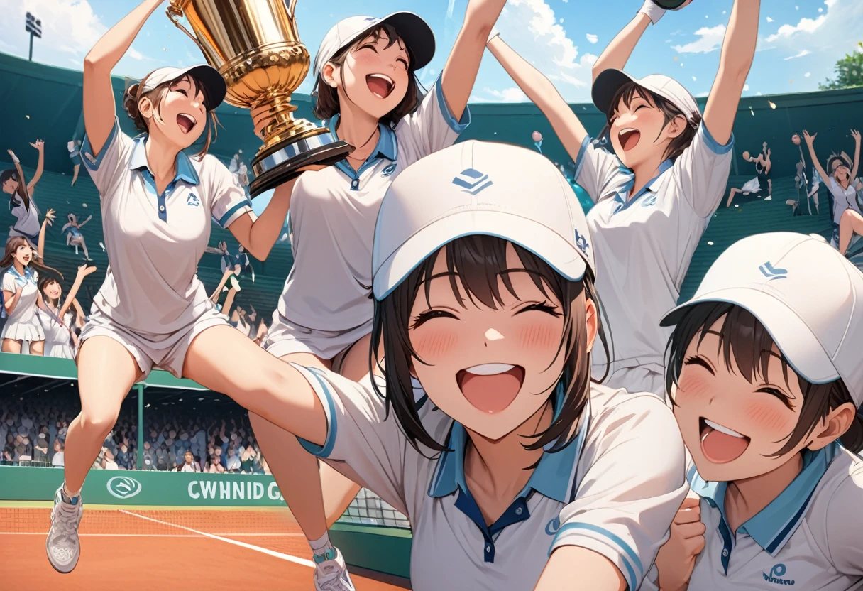 ((Masterpiece, top quality, high resolution, highly detailed CG unified 8K wallpaper)), solo, araffe woman kissing a trophy on a tennis court, wining, medium detail, (expressions of joy and excitement, smile:1.3), celebrating, in detail, detail, best shot,