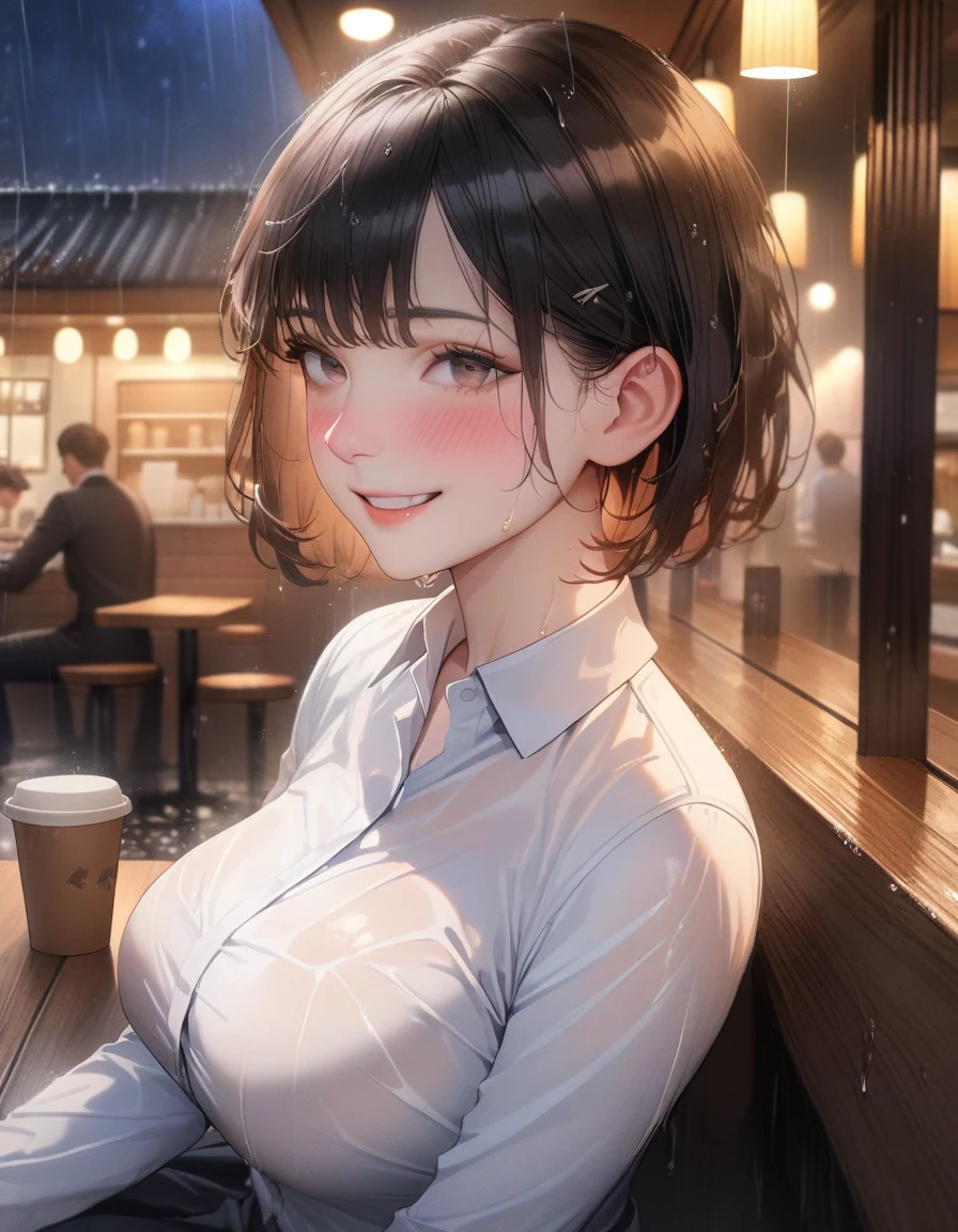 (8k, best quality, masterpiece: 1.2), (actual, Realistic: 1.37), Super detailed, 1 girl, Cute, alone, beautiful detailed sky, Detail of cafe, night, sitting, date, ( Nose blush), (Smile: 1.15), (shut up) Large Breasts, Beautiful details, (Collared shirt: 1.1), night, wet, Professional attire, rain, White lace, (short hair: 1.2), Flowing HairNovaFrogStyle,