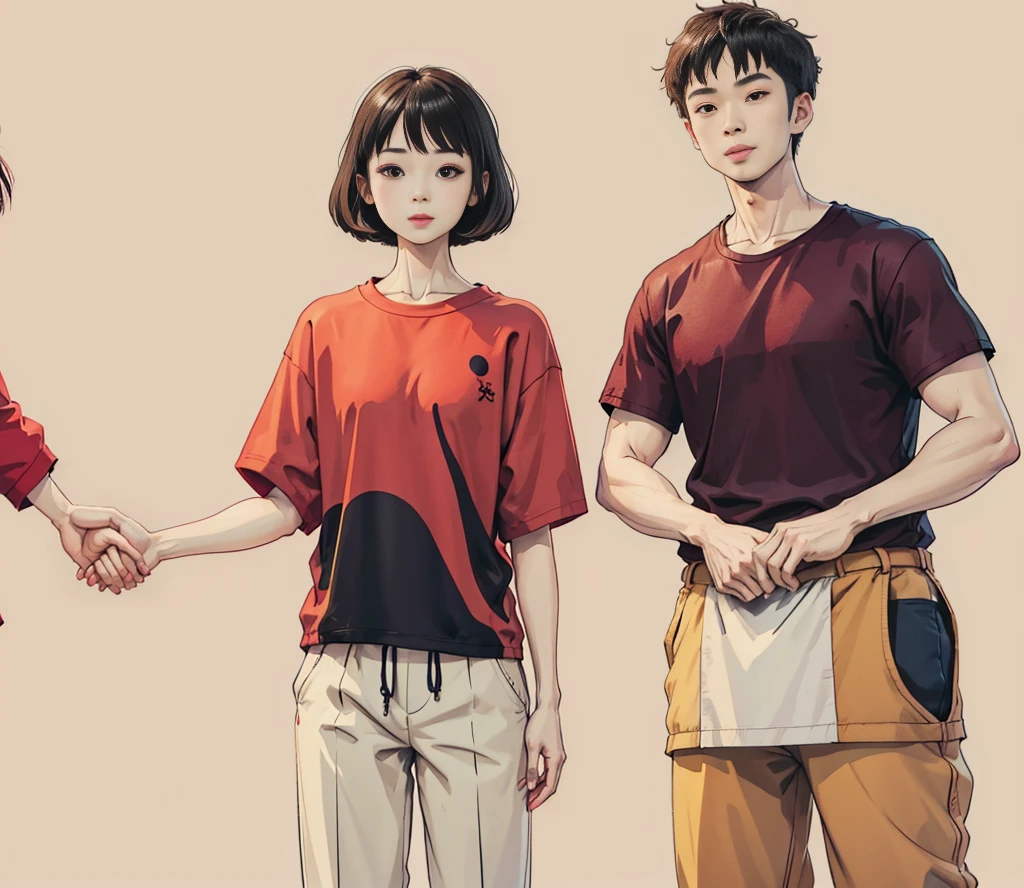 Young Korean woman with short hair in red t-shirt and pants standing next to Asian man in red t-shirt, holding hands and smiling, cartoon style simple lines and flat illustration, high definition and high resolution full body portrait, beige background. The couple is wearing red t-shirts with cartoon character designs in the Chinese New Year mood,
