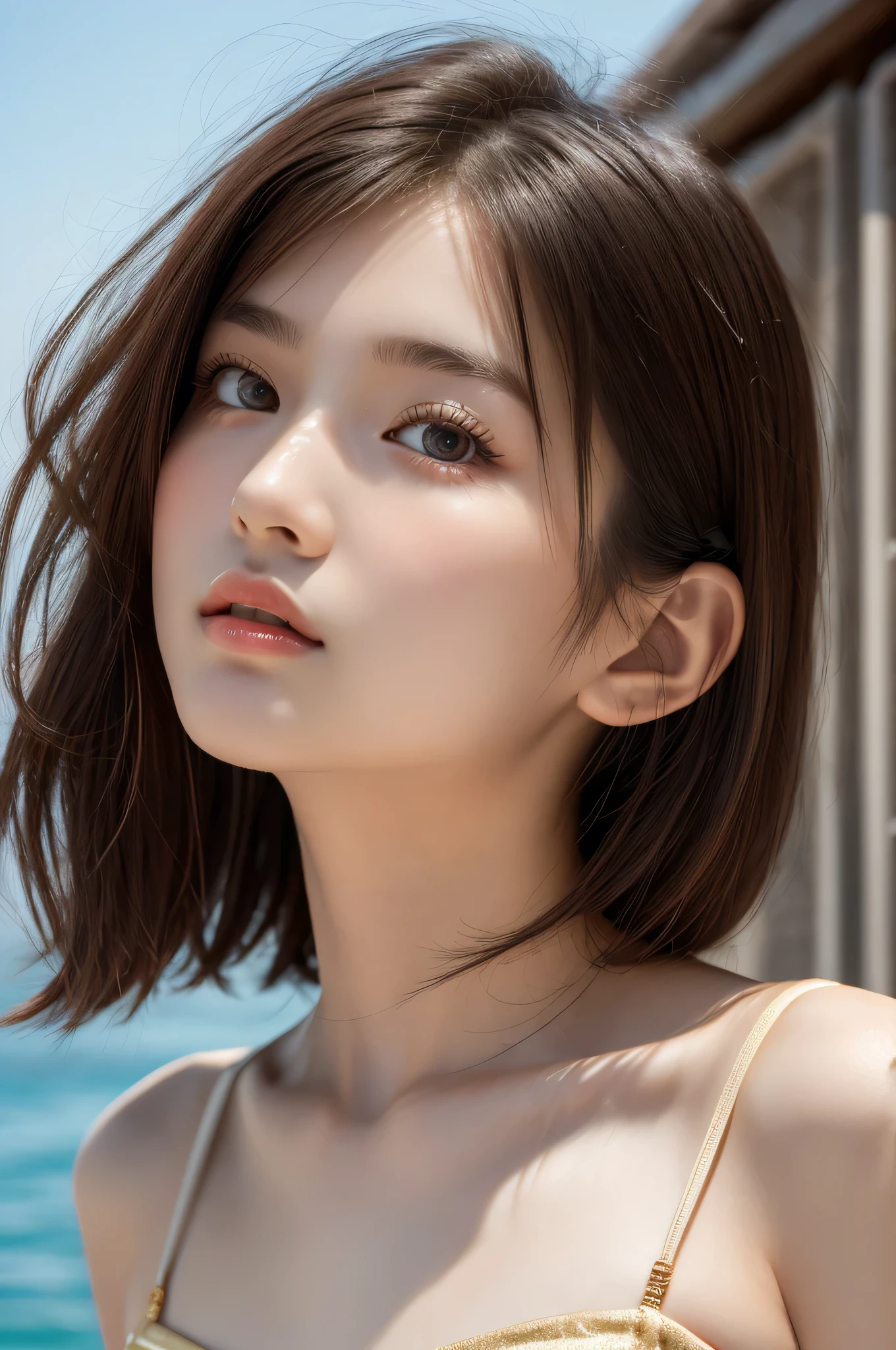 One Girl，(1人のとてもcute女の子:1.3)，masterpiece，Highest quality，High resolution，From below，Low - Angle，Photorealistic，RAW Photos，Ray Tracing，Physically Based Rendering，beautiful girl，(15 years old:1.3)，cute，Big eyes，(detailed pupils:1.2)，(The face is facing straight ahead:1.3)，Body facing forward，Beautiful nose，High nose，Upturned nose，Fuller lips，Short black hair，ponytail，short hair，Detailed eyelashes，Thin eyebrows，Very fine grain definition，(Symmetrical eyes，Golden Ratio:1.3)，(Face close-up，Face Focus:1.0)，Small breasts，Short neck，White swimsuit，White Bikini，The background is the sea，Southern Island，sunset，Sunset，Portrait，View Viewer，Upper Body，Cinema Lighting，High resolution，Very detailed