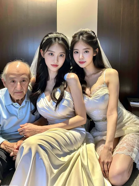 (A super cute Korean high school girl in a wedding dress snuggles up to her elderly grandfather for a family photo:1.2)(A carefr...