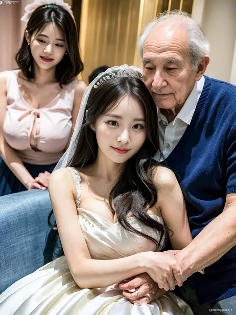 (A super cute Korean high school girl in a wedding dress snuggles up to her elderly grandfather for a family photo:1.2)(A carefr...