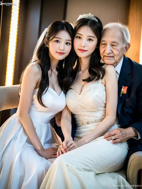 (A super cute Korean high school girl in a wedding dress snuggles up to her elderly grandfather for a family photo:1.2)(A carefr...