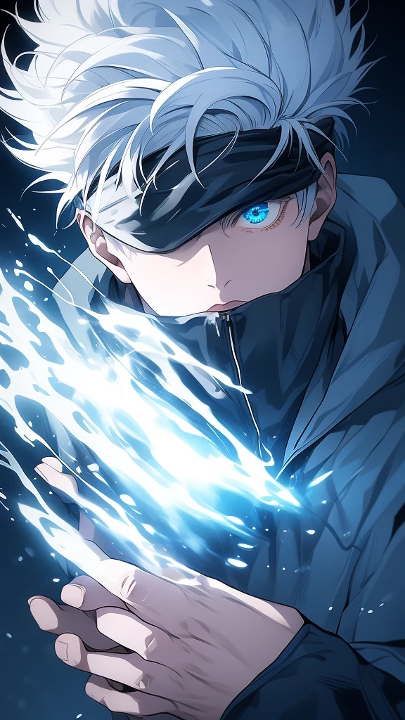 gojou satoru, 1boy, male focus, solo,  full body, blue eyes, blindfold, white hair, night, one eye covered, parted lips, high collar, looking at viewer, 
 