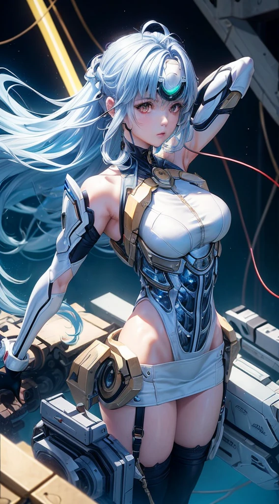 top-quality、​masterpiece、超A high resolution、(Photorealsitic:1.4)、女の子1人、Light blue hair、Straight hair, shiny and clean hair、White shiny skin、Sexy Cyberpunk Girl、((super realistic details))、Shadow、octan render、ultrasharp、hyperdetailed face、Fiberglass、Luminous tube、highly intricate detail、Realistic light、CGSoation Trends、((Golden Eyes))、(Facing the camera)、neon detailechanical limbechanical vertebrae attached to the back、mechanical cervical attaching to neck、Wires and cables connecting to the head、((valkyrie))、((Beam Cannon))、Combat stance