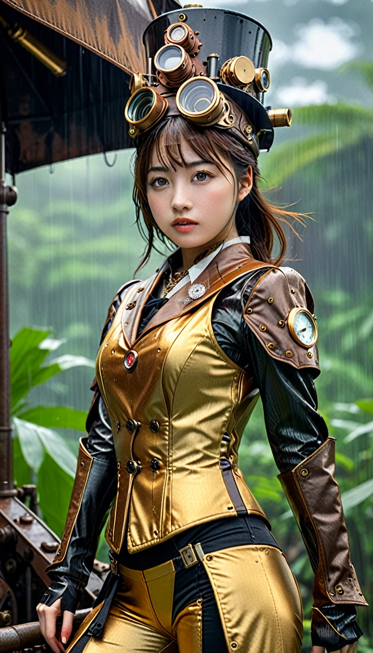 (masterpiece, best quality:1.2), (8k uhd, 16k, 32k, ultra high res), realistic photo, ultra sharp photo result, HDR10, superrealism, (The main subject: Wide-angle lens), (steampunk:1.2), beautiful japanese female, (super beautiful face), legs, Power mechanical suit), (super intricate all details), (super realistic all textures), metallic yellow color, hydraulic cylinder, Rust, scars from previous battles, (steam engine like),cinematic poses in motion, Rain, humidity, jungle